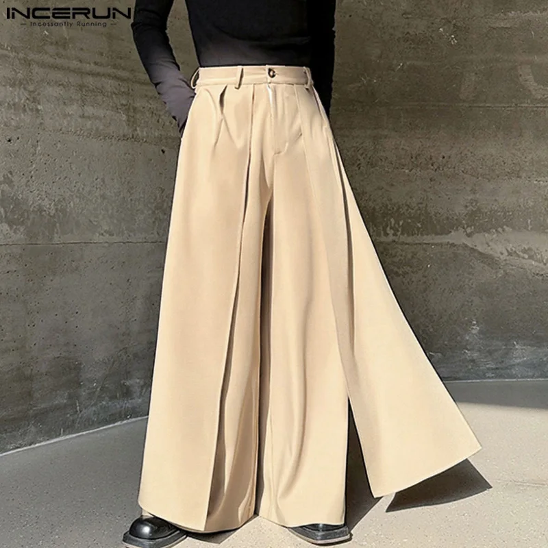 2024 Men\'s Wide Leg Pants Solid Color Button Joggers Loose Irregular Trousers Men Streetwear Fashion Casual Long Pants INCERUN