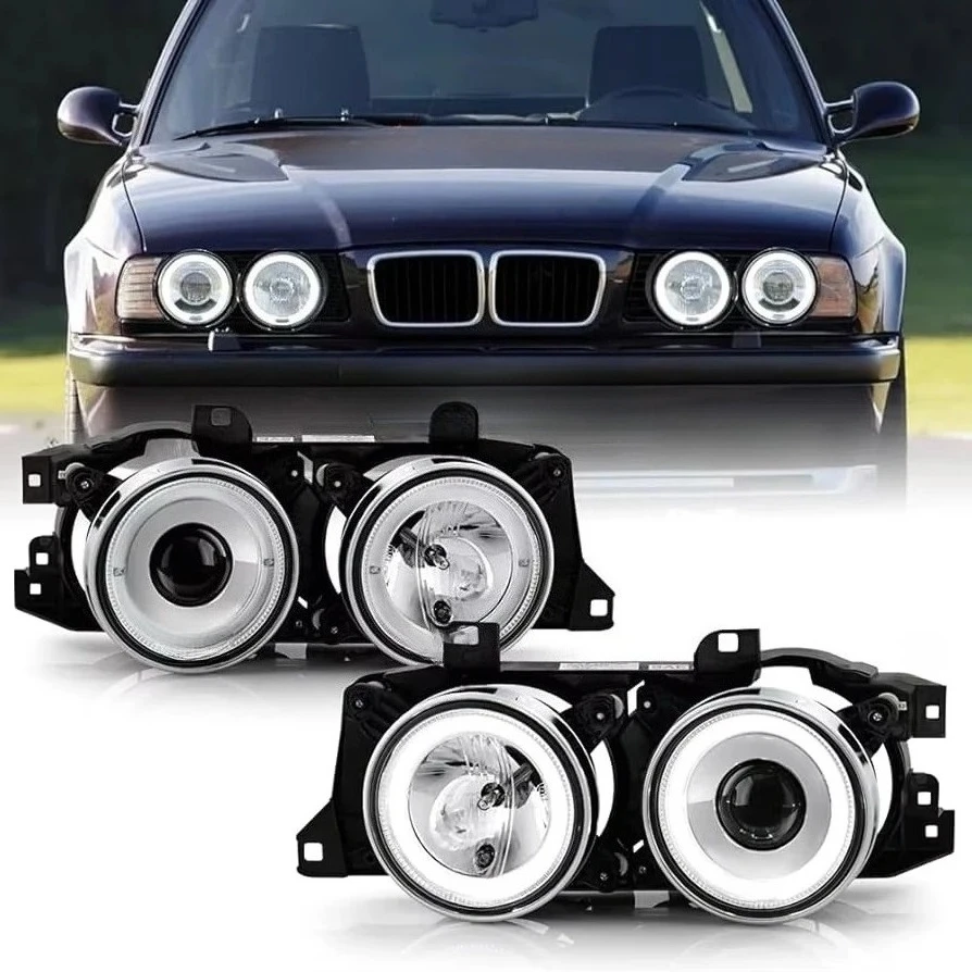For LED Halo Ring Projector Headlight Headlamp 63121379185 And 63121379186 For 1989-1995 BMW E34 E32 525i 530i 535