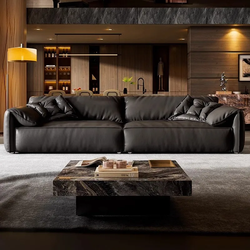 Sofa set, modern minimalist design, black top-textured leather, suitable for luxury lounges
