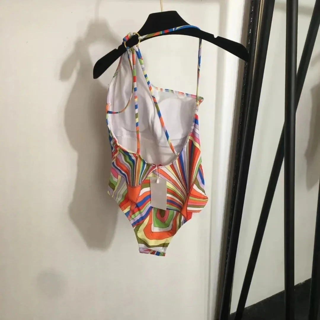 Trajes de baño de una pieza con diseño de lujo europeo para mujer, traje de baño con estampado de letras a rayas, conjuntos de Bikini de playa sexys de marca a la moda para mujer