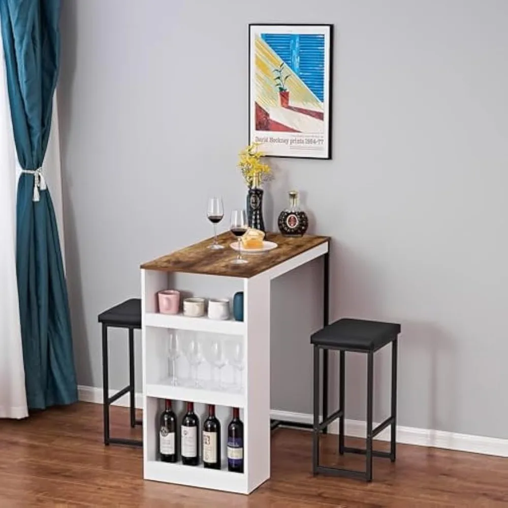 

3 Piece Dining Table Set Kitchen Bar Table with Two Stool Storage Shelves Wood Counter Height Table Top Dining Room Home