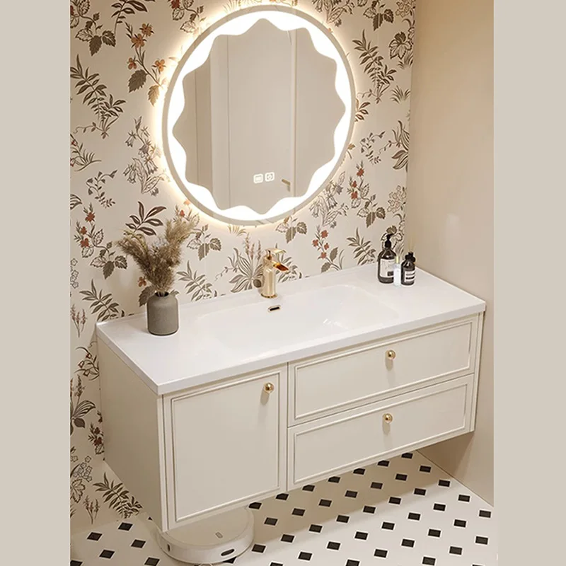 

French light luxury ceramic integrated basin, bathroom cabinet, toilet, cream wind wash table, Corian hand wash