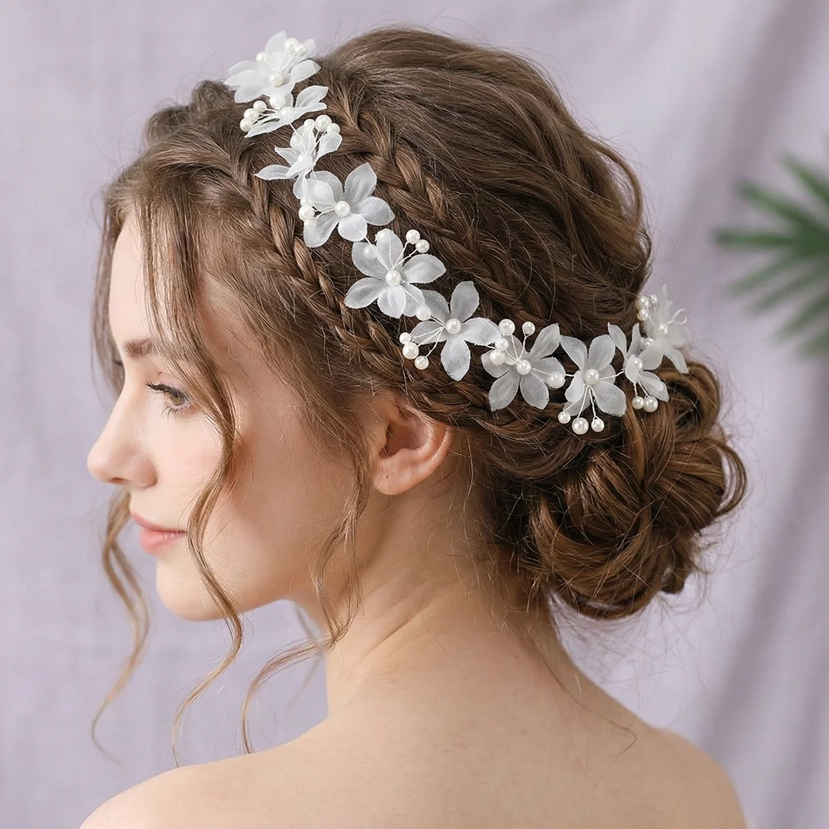 Elegant White Organza Flower Bridal Headband Pearl Floral Hair Vine Fairy Wedding Hair Accessories Bridesmaid Party Headdress