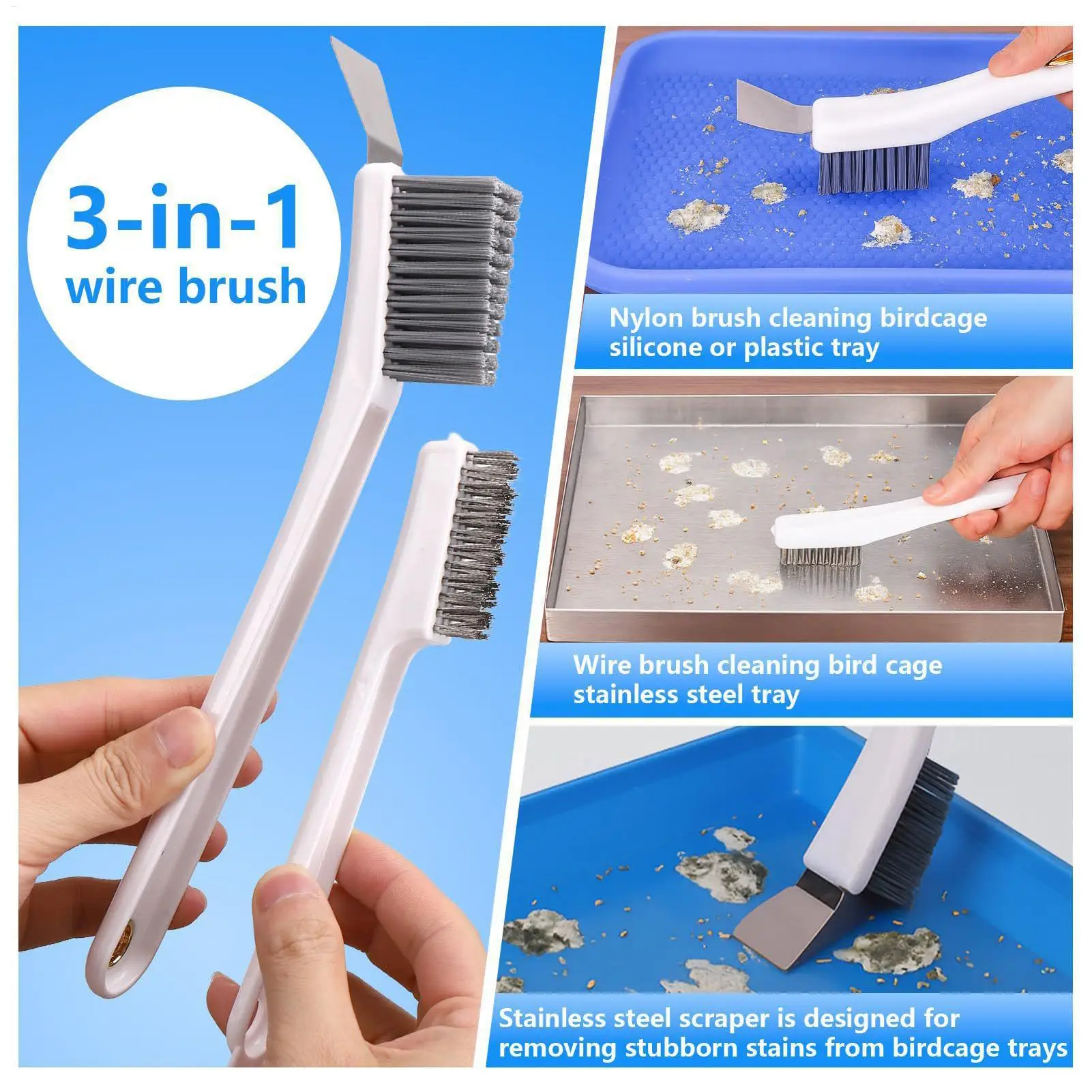 Bird Cage Cleaner Brush 4 Pack Long Handle Ergonomic Reusable Scraper Set Feeder Aviary Grille Kitchen BBQ Cleaning Tool