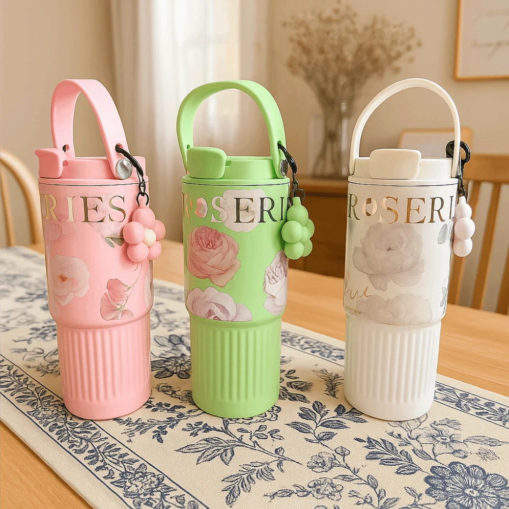 

Изоляционная соломенная чашка 710 мл, легкая роскошная чашка с принтом, большая емкость, чашки из нержавеющей стали, вакуумная изоляция с подъемной веревкой