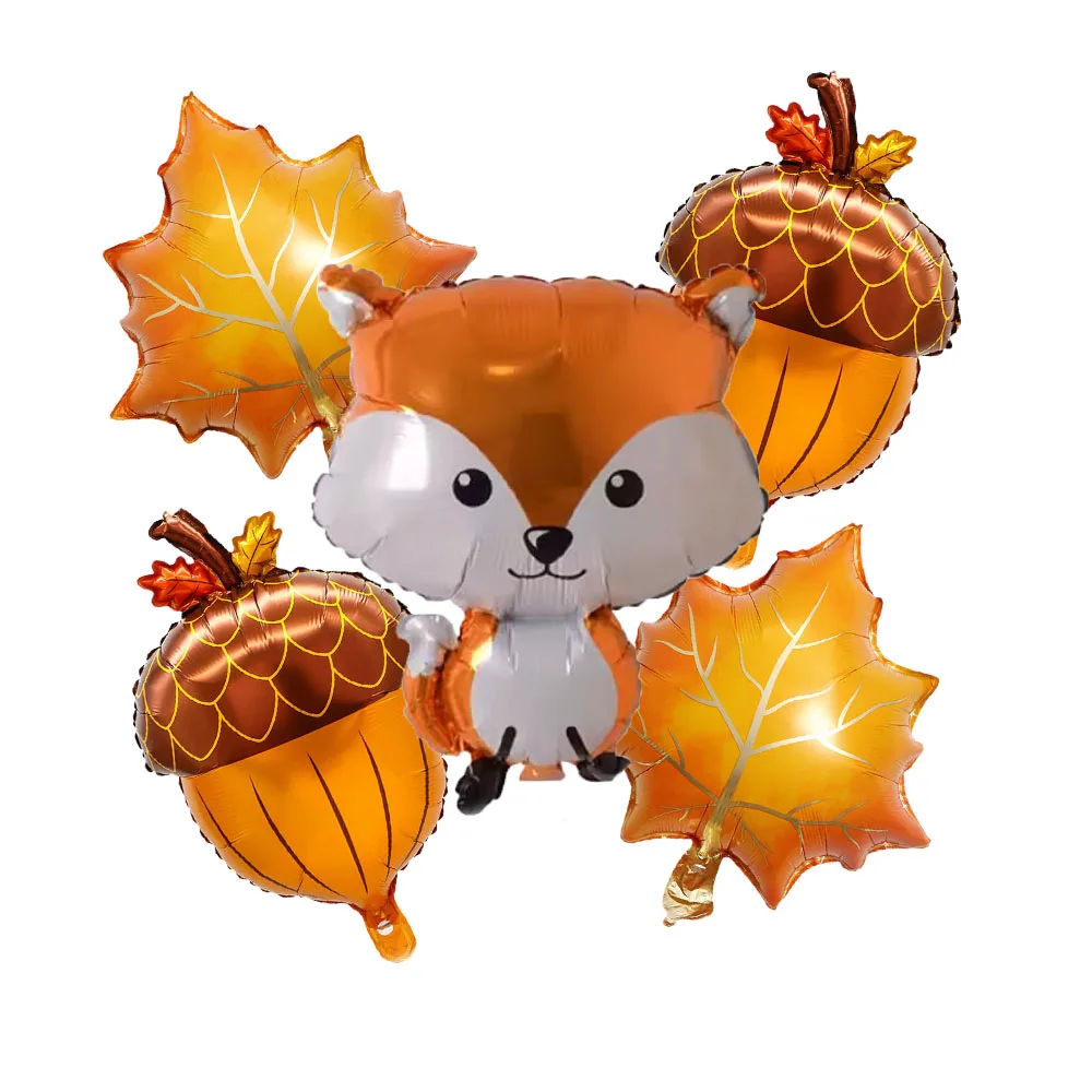 5pcs Autumn Maple Leaf Pine Cones Foil Balloons Squirrel Fox Animals Balloon Thanksgiving Brithday Party Decorations Kid Toys