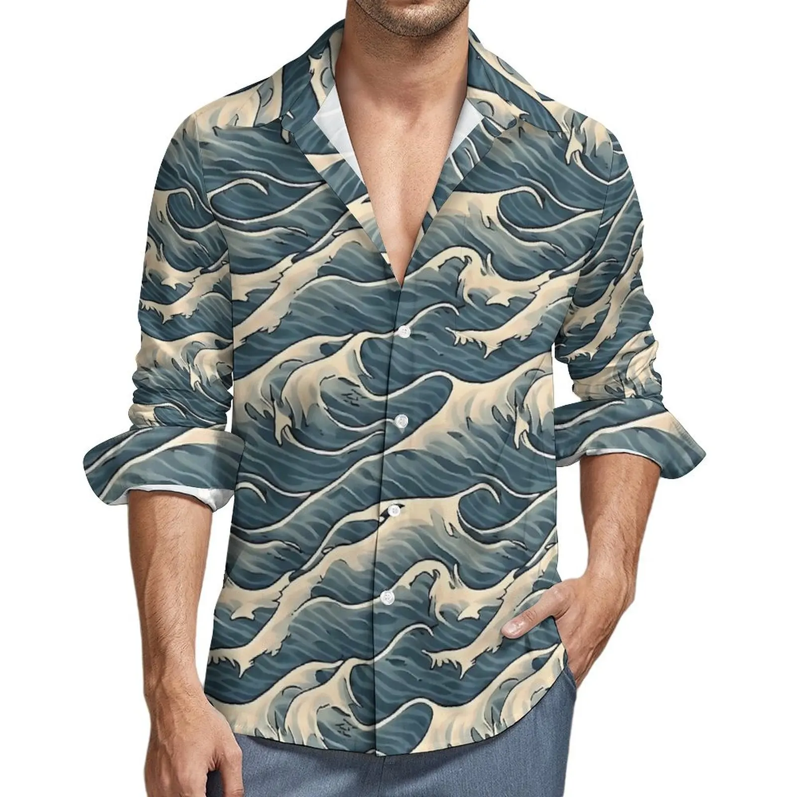 Ocean Blue Wave Print Shirt Autumn  Casual Shirts Male Retro Blouse Long Sleeve Design Y2K Street Tops Plus Size