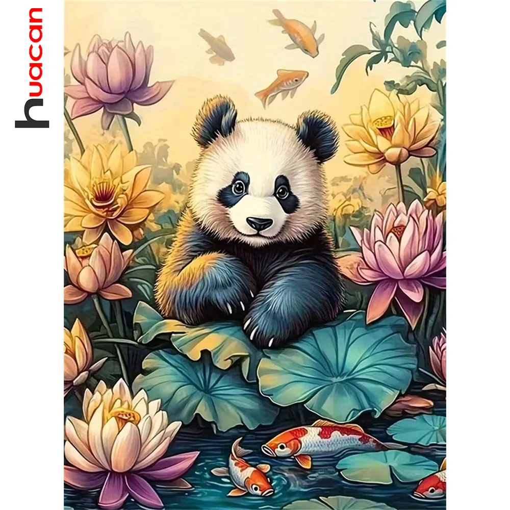 Huacan 5D DIY Diamantmalerei Panda Lotus Diamantmosaik Tier Blume Komplettset Heimdekoration