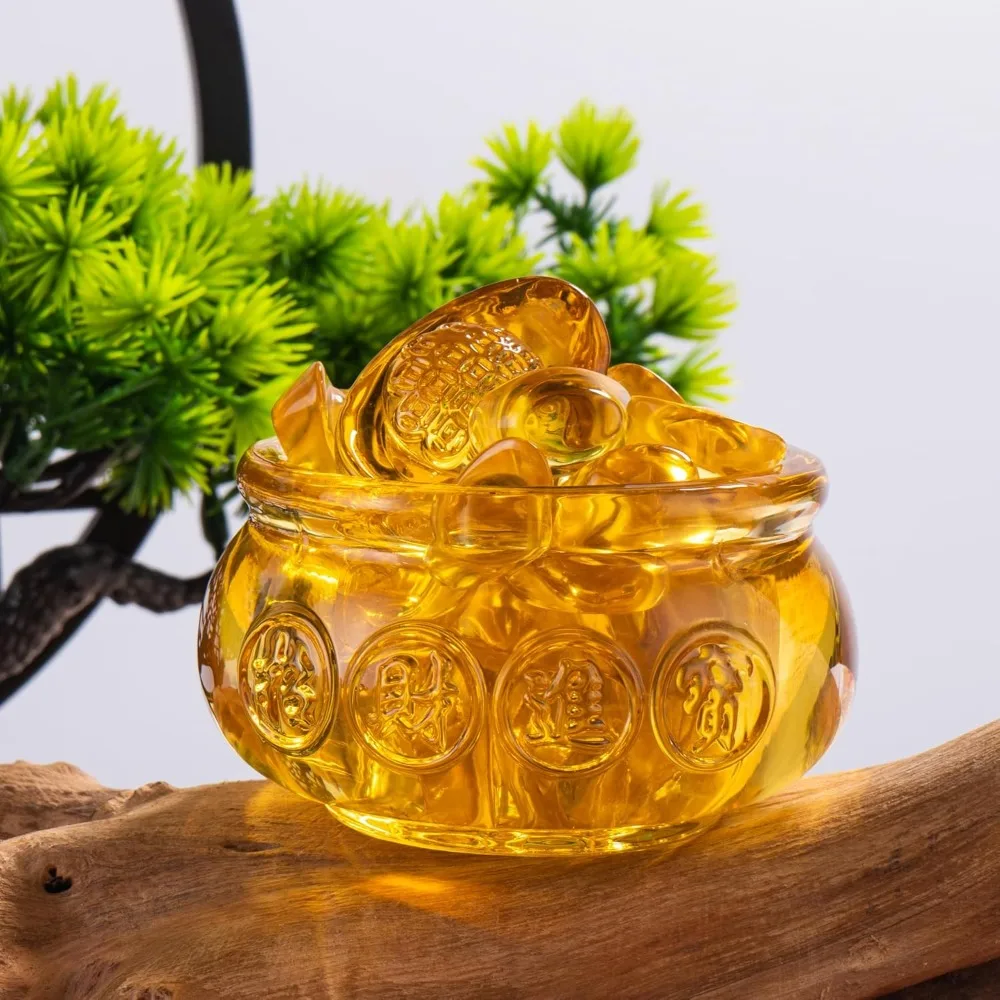 3.15" glass wealth bowl with 1 large & 42 small ingots, golden treasure basin feng shui money bowl for home office