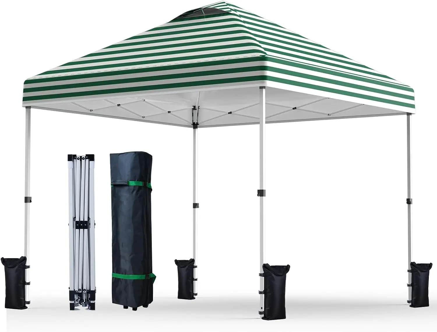 10' x 10' Pop Up Canopy Tent with Sand Weight Bag, Freestanding Sun Shelter for Picnic and Camping, One Person Setup and Height Adjustable (Green Stripe)