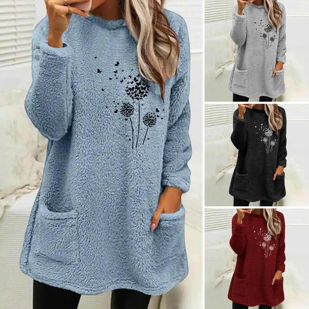 Women Winter Sweatshirt Flower Print Thicken Plush Long Sleeves O Neck Cold-proof Side Pockets Fall Sweatshirt Female Clothes