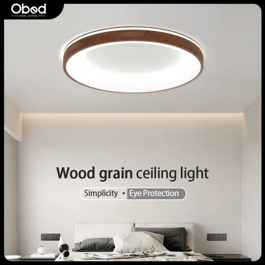 Lâmpada de teto circular LED para decoração doméstica, luz extragrande, moderno, minimalista, grão de madeira, sala, quarto, estudo, D60cm