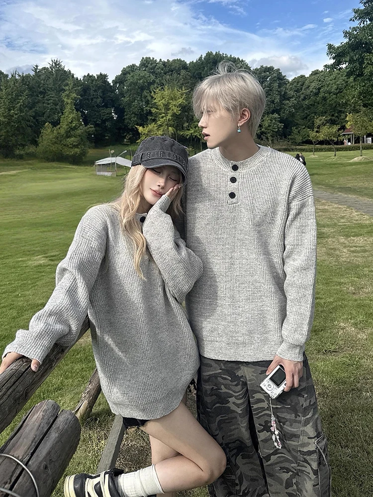 

Легкий мужской повседневный трикотаж с воротником Генри, универсальный свободный топ Lazy Sle, осенний модный удобный свободный крой