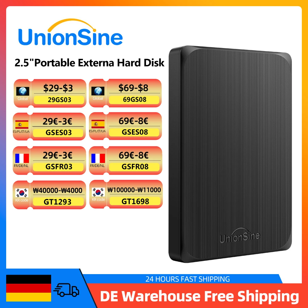 UnionSine HDD 2,5-дюймовый портативный внешний жесткий диск 1 ТБ/750 ГБ/500 ГБ/250 ГБ USB3.0 для хранения данных, совместимый с ПК, Mac, настольным компьютером, MacBook, ТВ