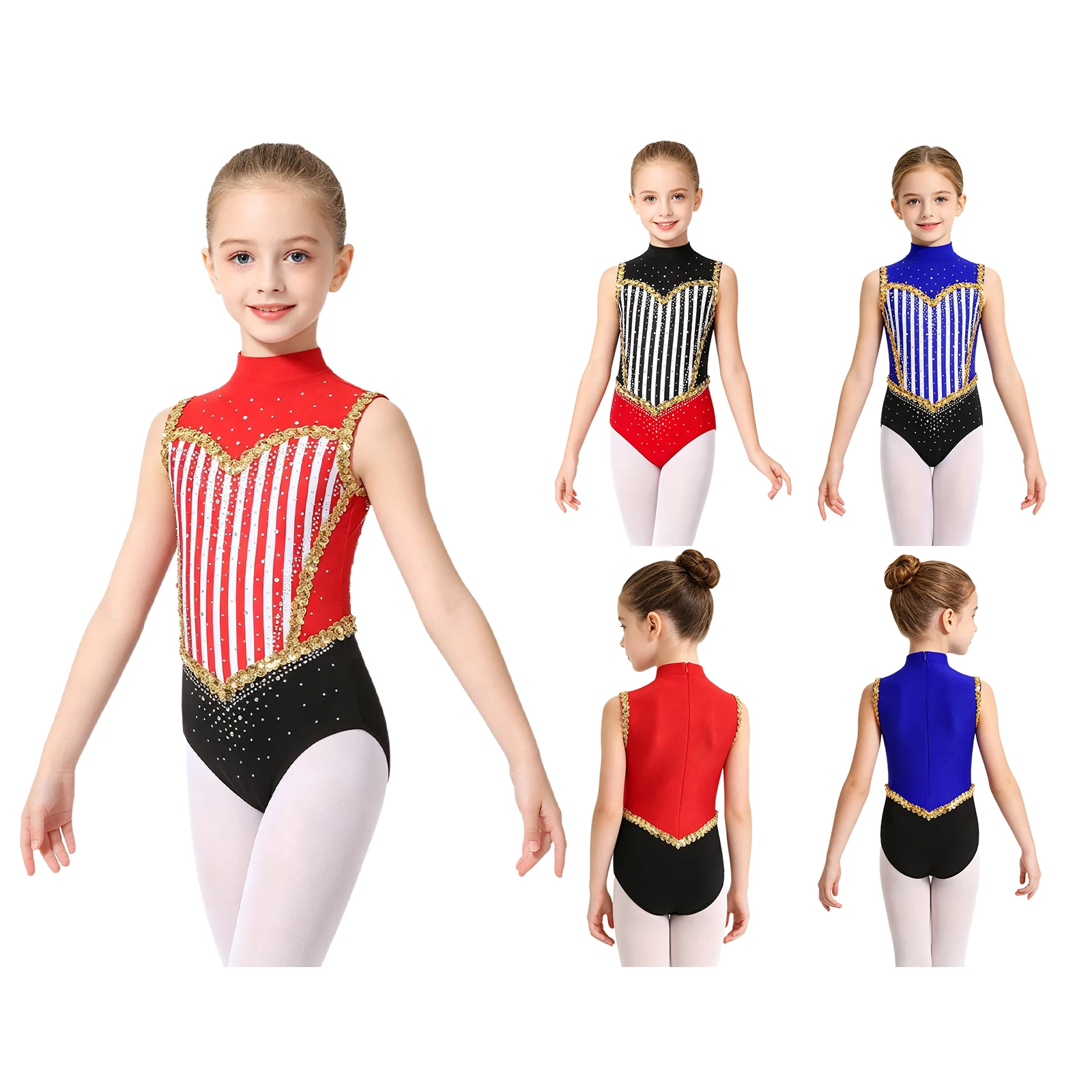 Children Shiny Rhinestones Circus Ringmaster Performance Costume Stripe Jumpsuit Kids Girls Ballet Jersey Gymnastics Leotard