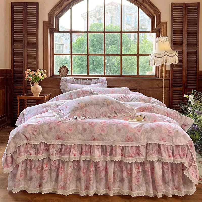 4/6Pcs  Korean Princess Style Rose Print Lace Ruffles Bedding Sets 100% Cotton Duvet Cover Set Bedspread Bed Skirt Pillowcases