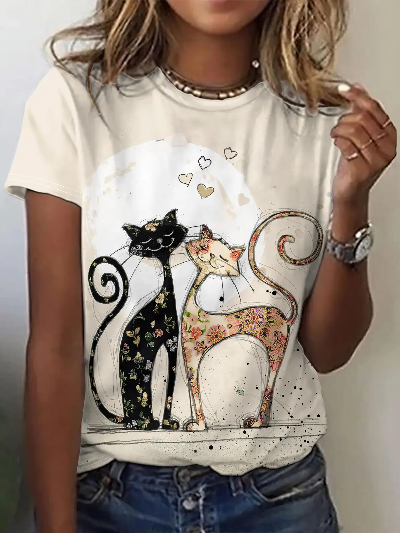 New Women's T-shirt Cartoon Cat print Vintage Plus Size Top Kawaii Women's Trending Clothes Fashion Short Sleeve Shirt Crew Tee