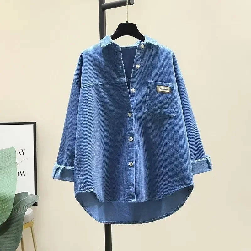 Corduroy Shirt Women Fleece Long Sleeve Blouse Autumn Winter Women\'s Clothing Korean Fashion Single-breasted Pocket Tops New