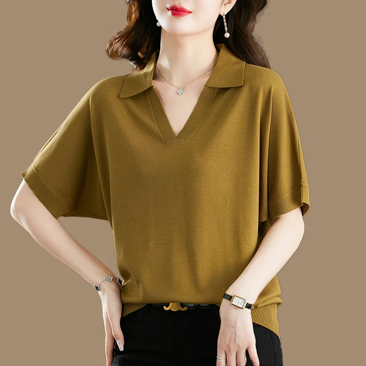 

New Simple Polo Collar Ice Silk T-Shirt Knitted Top Summer New Style Short Sleeve Slim Fit Smooths Your Silhouette Versatil A520