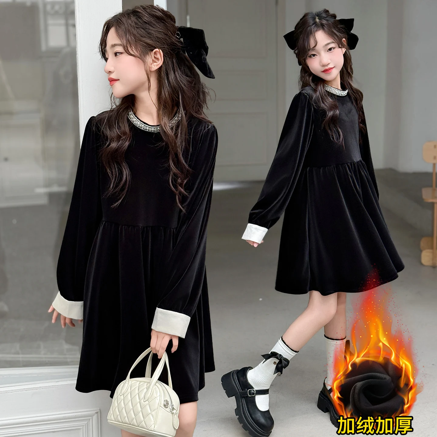 autumn winter 4 6 8 10 12 14 teen girls thicken Handmade pearls velvet dress junior kids princess dress Children's Clothing