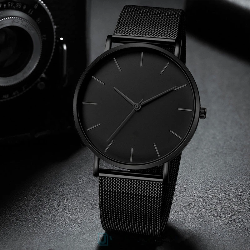 Full Black Minimalist Stainless Steel Watch Fashion Quartz Mesh Clock Male\'s Wristwatches Exquisite Relojes Masculino Relogio