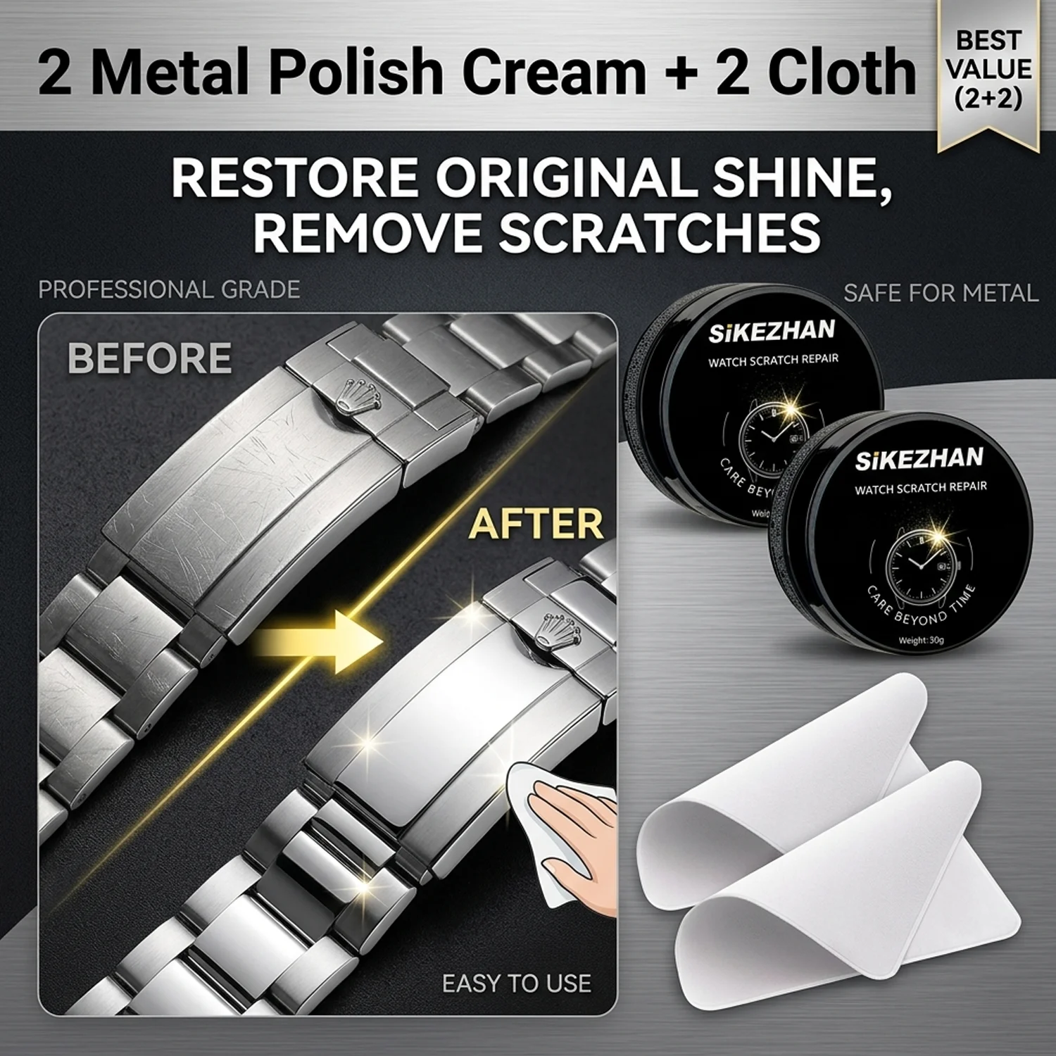 

Expert Watch Polish Cream Scratch Remover Kit with Cloth for Stainless Steel Gold Silver Metal Jewelry Mirror Finish Repair Tool
