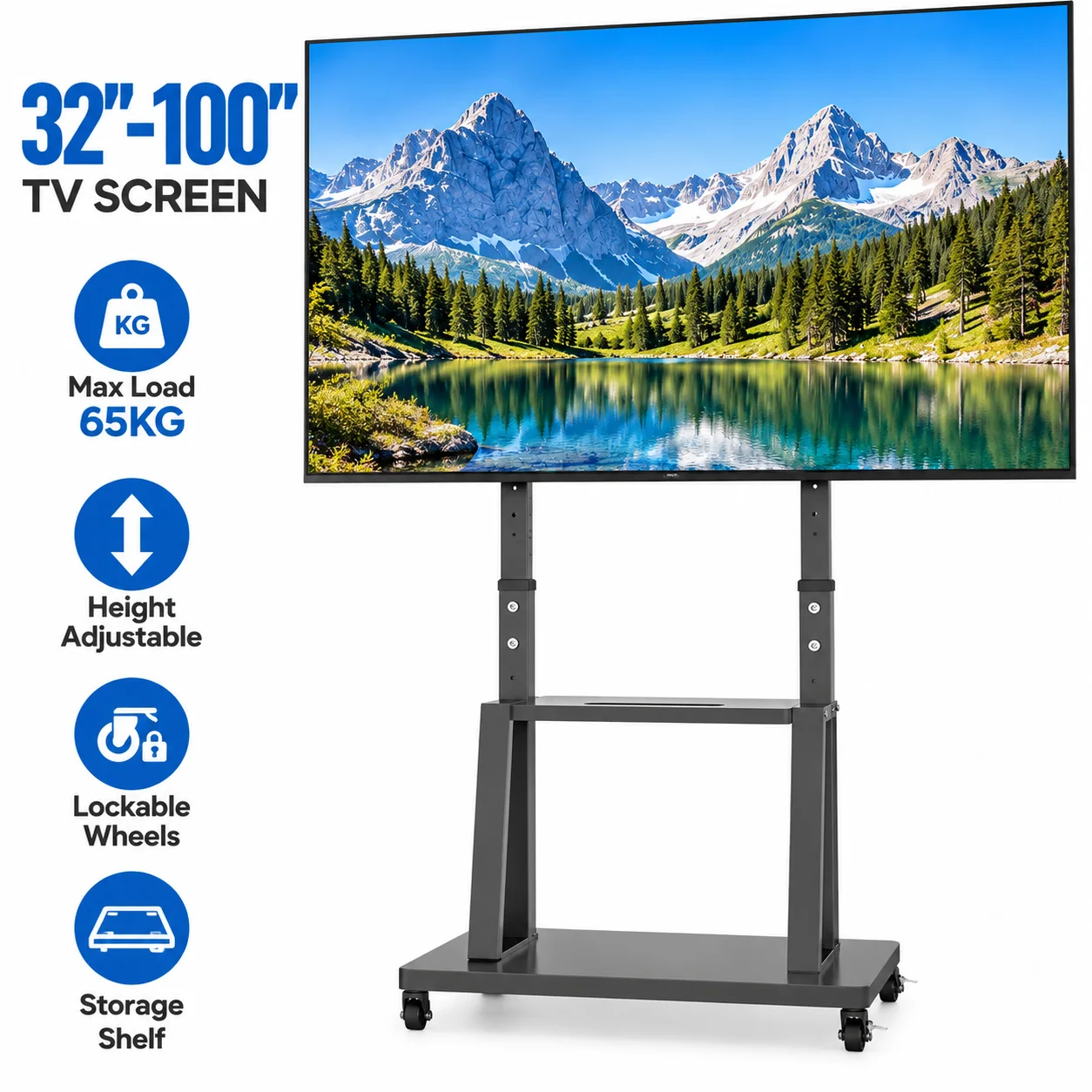 Soporte de TV móvil OEM U-990A, carrito de TV móvil para televisores de 32 a 100 pulgadas, soporte de TV de altura ajustable para uso en el hogar, sala de estar, dormitorio, oficina, hotel y sala de reuniones.