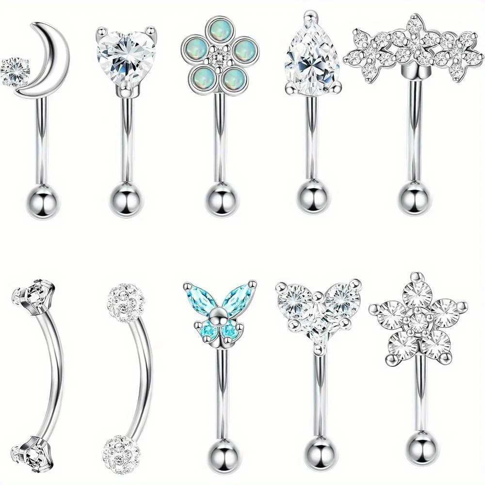 Florideco 1Pc Rook Eyebrow Studs Earrings for Women Men Surgical Steel Inlaid CZ Opal Belly Lip Ring Cartilage Piercing Jewelry