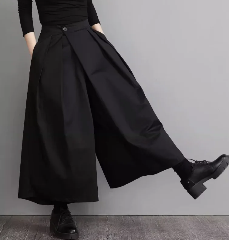 

2024 Spring/Summer New Black Loose Wide Legged Pants with High Waist Design and 100 Pleats A-Type Nine Point Long Pant Skirt