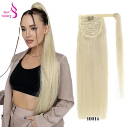 Real Beauty-extensiones de cola de caballo de cabello humano Rubio blanco, Clip de cola de caballo envolvente, piezas de cabello Remy brasileño