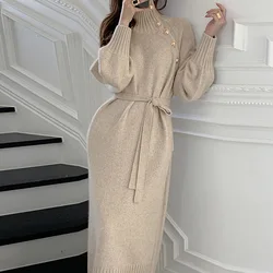 2023 Autumn Winter Women Solid Turtleneck Slim Fit Full Sleeve Sweaters Long Dress Lace Up Knitted Pullovers Knee Length Dresses