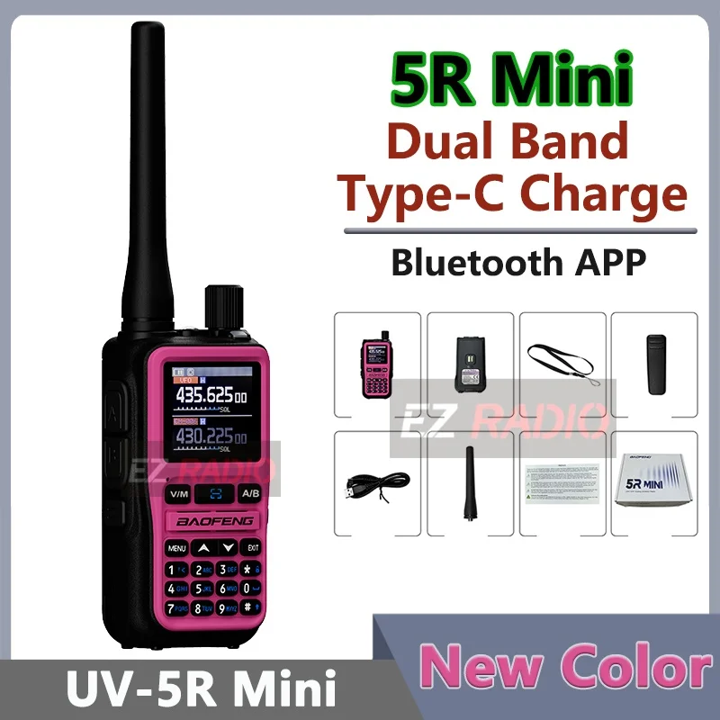 BAOFENG UV-5R Mini Pink Ham Radios Dual Band VHF/UHF Radios USB-C Battery Earpiece Portable Radio for Outdoor Work Hiking Backup
