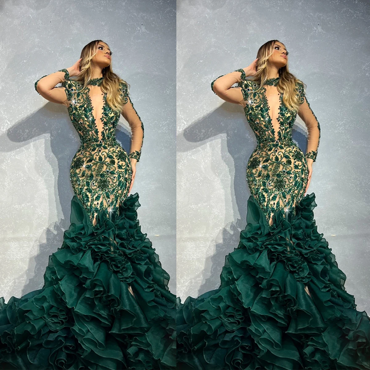 Hunter Green Mermaid Evening Dresses Illusion Rhinestones Crystals Prom Gowns Custom Made Tiered Ruffles Party Dresses