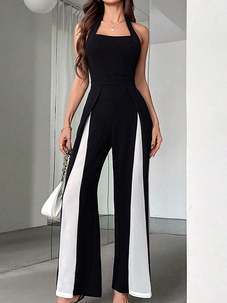 

Женские летние широкие брюки, шикарные комбинезоны, праздничные простые комбинезоны с лямкой на шее и открытой спиной, повседневные лоскутные элегантные женские боди