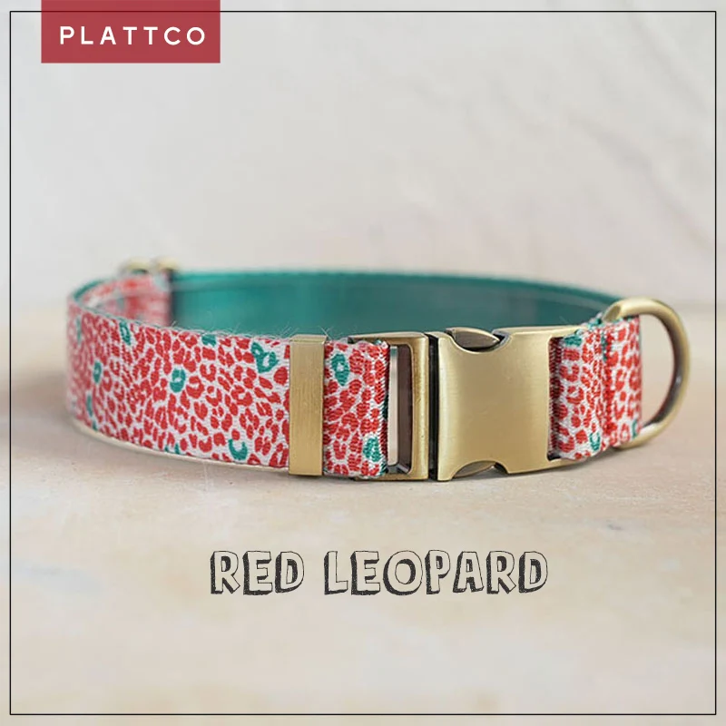 PLATTCO unique design dog collar print RED LEOPARD with high-quality bronze buckle 5 size PDC322Br