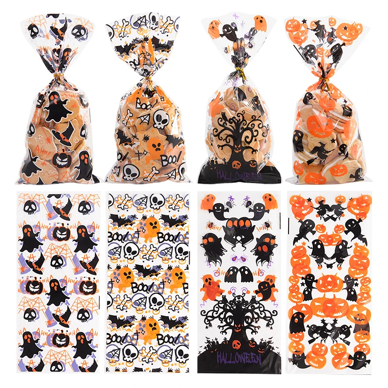 

50pcs Happy Halloween Candy Bag Transparent Cellophane Cookie Gift Bags Pumpkin Skull Plastic Packing Bag Halloween Party Supply