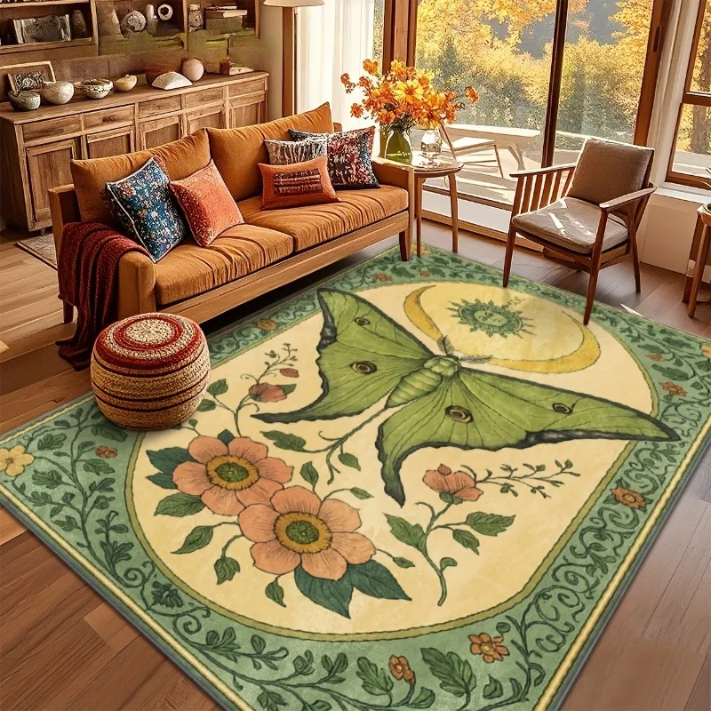 Boho Butterfly Moon Floral Print Area Rug Flannel Carpet Non Slip Floor Mat for Bedroom Living Room Retro Aesthetic Home Decor