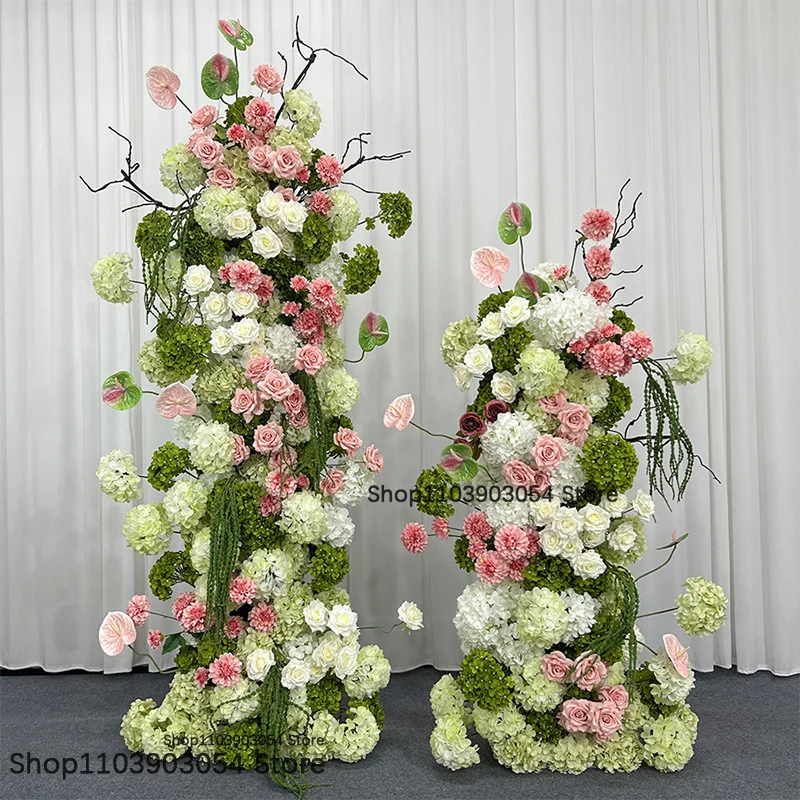 Rosa-grünes künstliches Blumenarrangement, luxuriöse Hochzeitsdekoration für den Gang, Säulen-Blumendeko, Hotel-Bankett, europäisches Tischblumen-Centerpiece – Detail 2