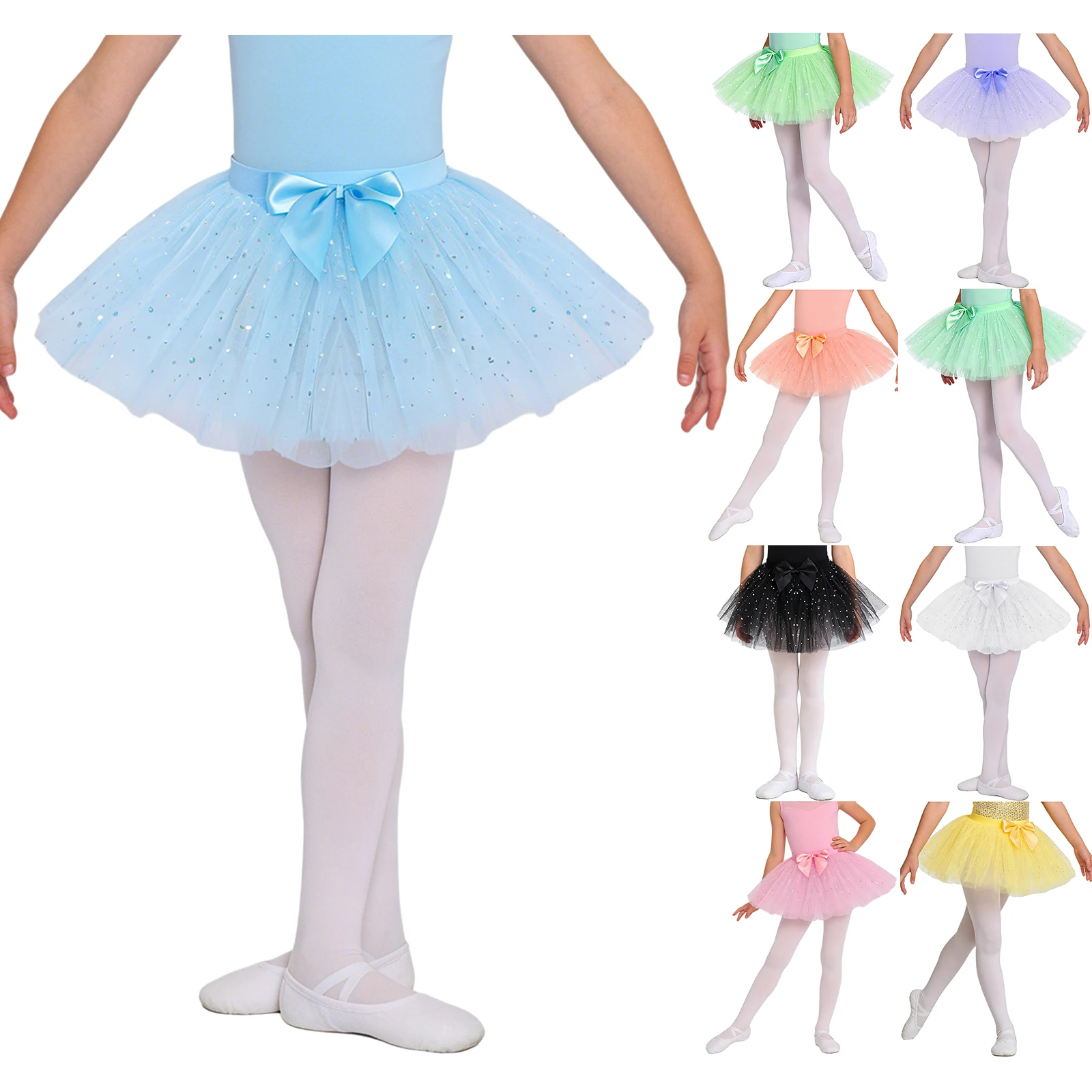 Girls Shiny Sequins Tulle Tutu Ballet Tutu Dress Kids Dance Skate Over Scarf Dance Wear Bowknot Waist Chiffon Dance Skirt