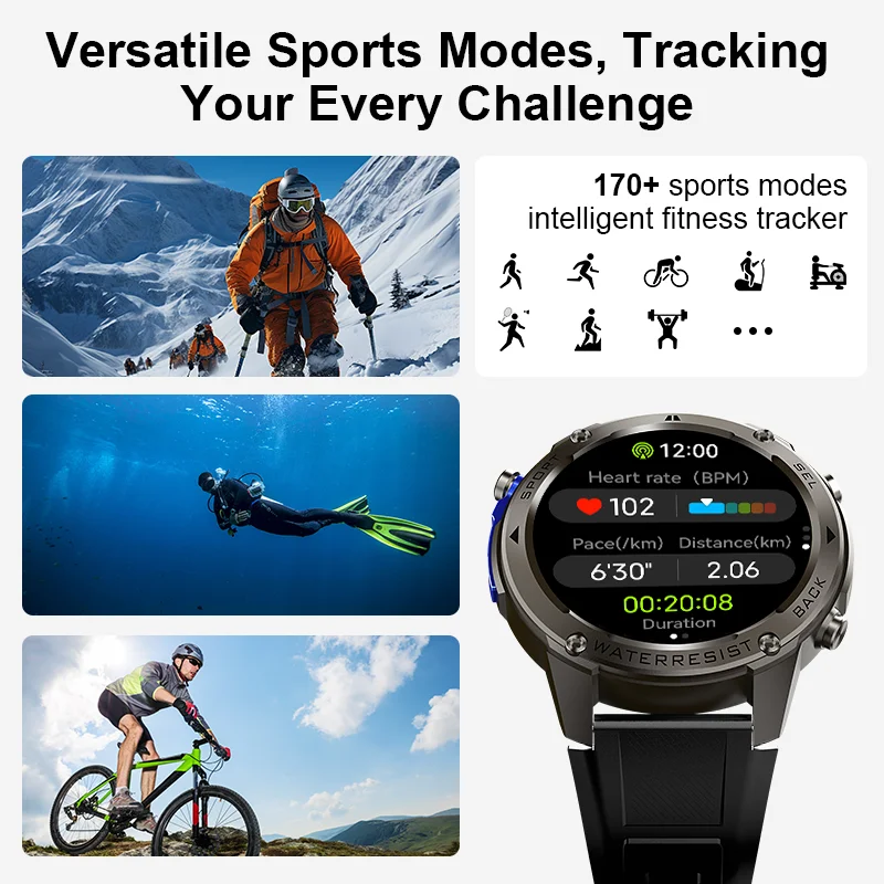 Outdoor-Sport GPS Smartwatch Höhe und Barometer Dual-Frequenz 50 m wasserdicht 170+ Sportmodi Herzfrequenzmesser