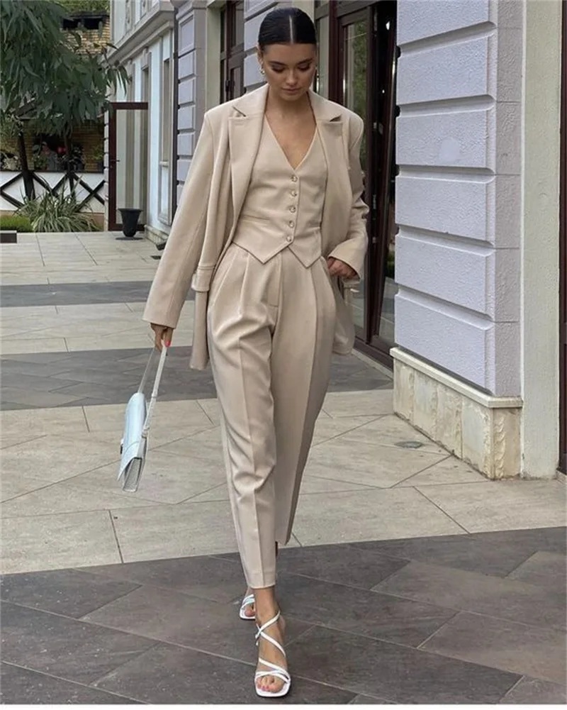 Formal Beige Women Suit Pants Set 3 Pcs Blazer+Vest+Trousers Tailored Business Office Lady Coat Casual Streetwear костюм женский