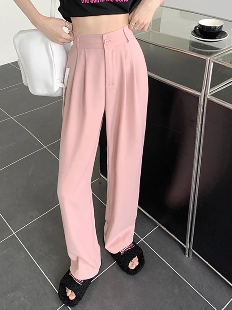 Pantaloni da tuta elastici a vita alta moda donna pantaloni Casual larghi estivi solidi dritti pantaloni coreani semplici dritti outwear novità