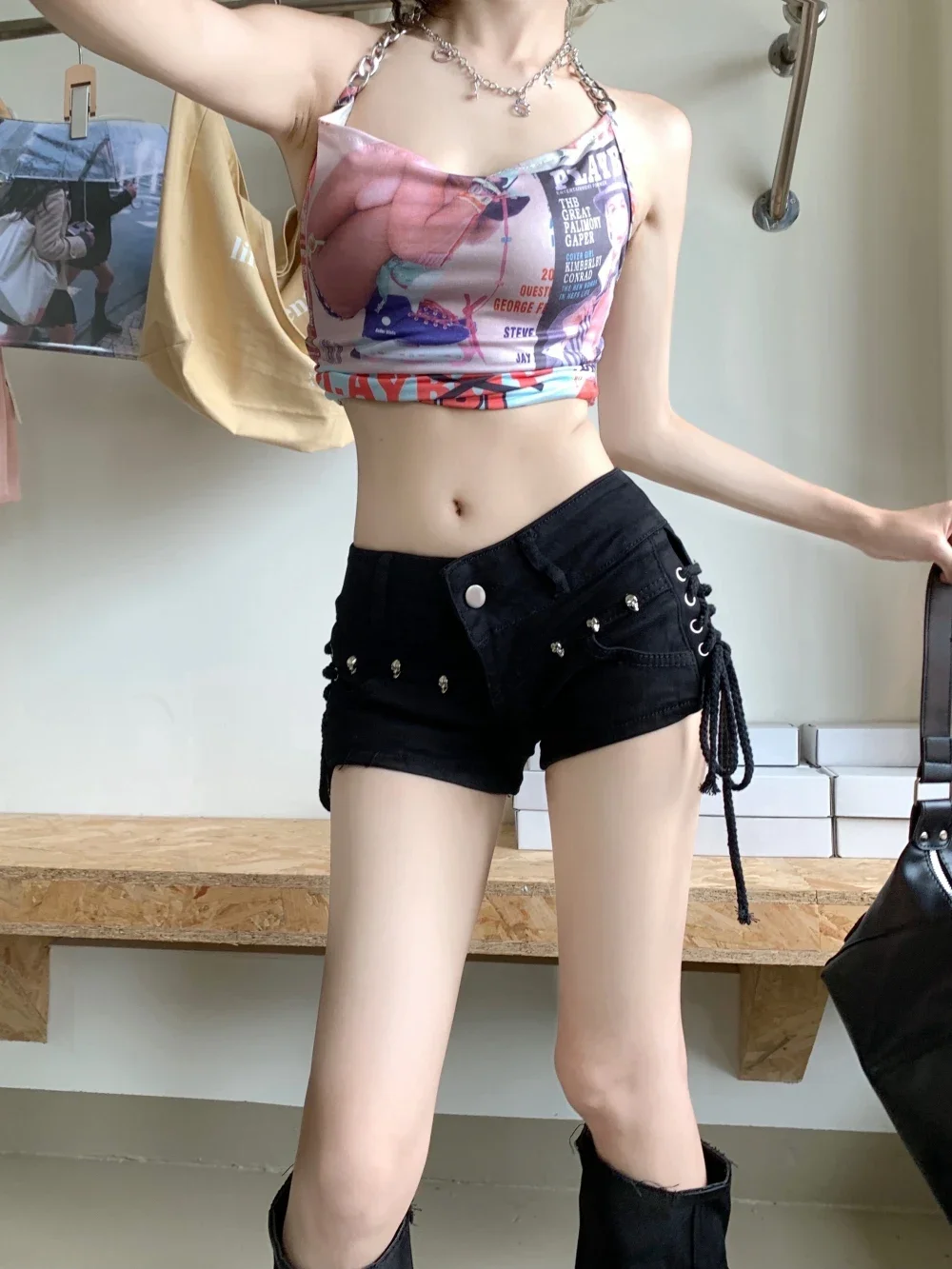 American Retro Black Sexy Skull Mini Jean Shorts Women Y2k Summer Low Wasit Micro Short Jeans Woman with Bandage Korean Fashion