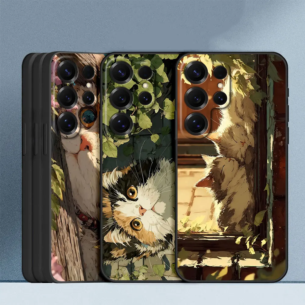 Wafu Neko Cozy Cat Corner Black Case for Samsung Galaxy Note 20 Ultra 5G 10 Plus 9 TPU Phone Cover M12 J4 J6 Plus J7 J8 J5 Prime