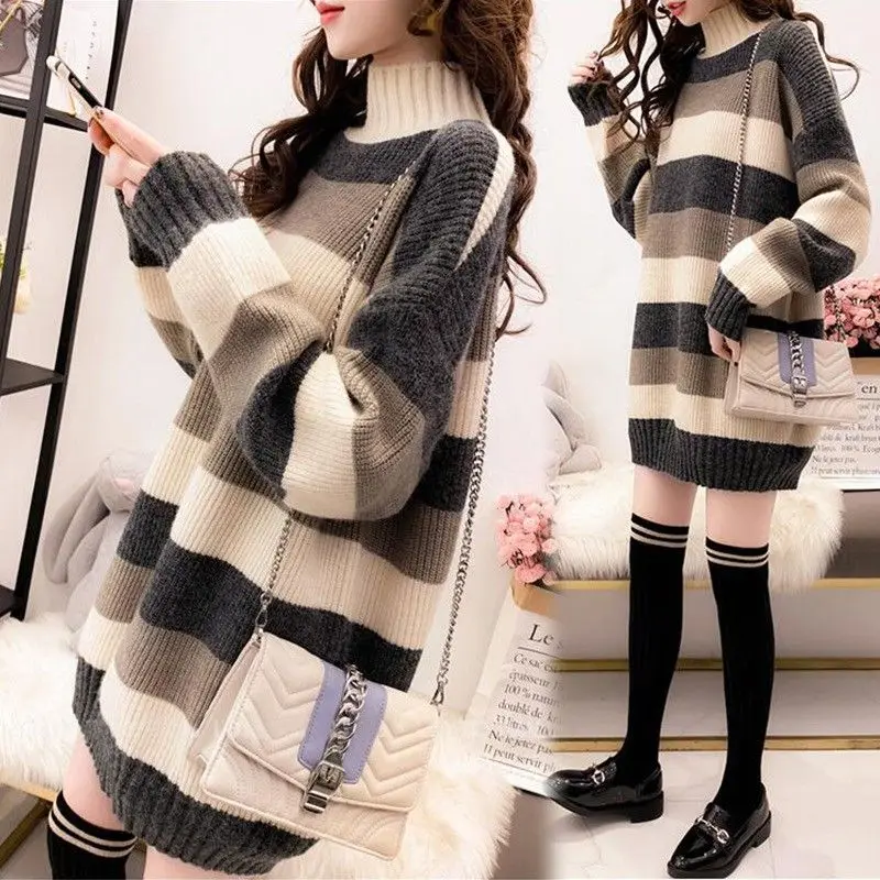 Female Clothing Half High Collar Jumpers Casual Loose Striped Spliced Korean All-match Straight Autumn Winter Knitted Sweaters