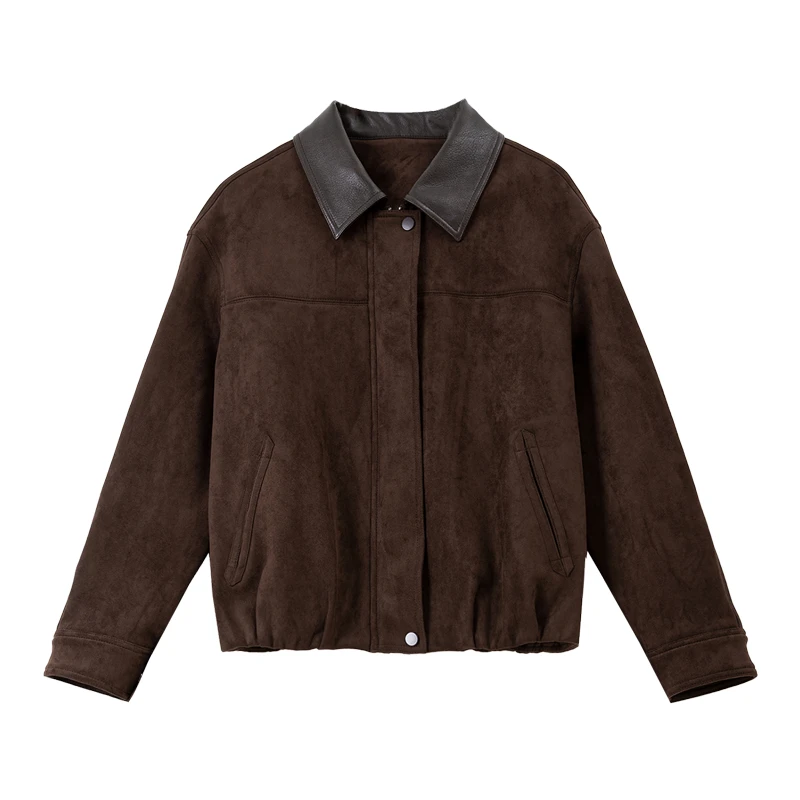 VIMLY 빈티지 여성 재킷 2025 브라운 플리스 안감 스플라이싱 가죽 칼라 코트 두꺼운 따뜻한 여성 겨울 의류 A3529