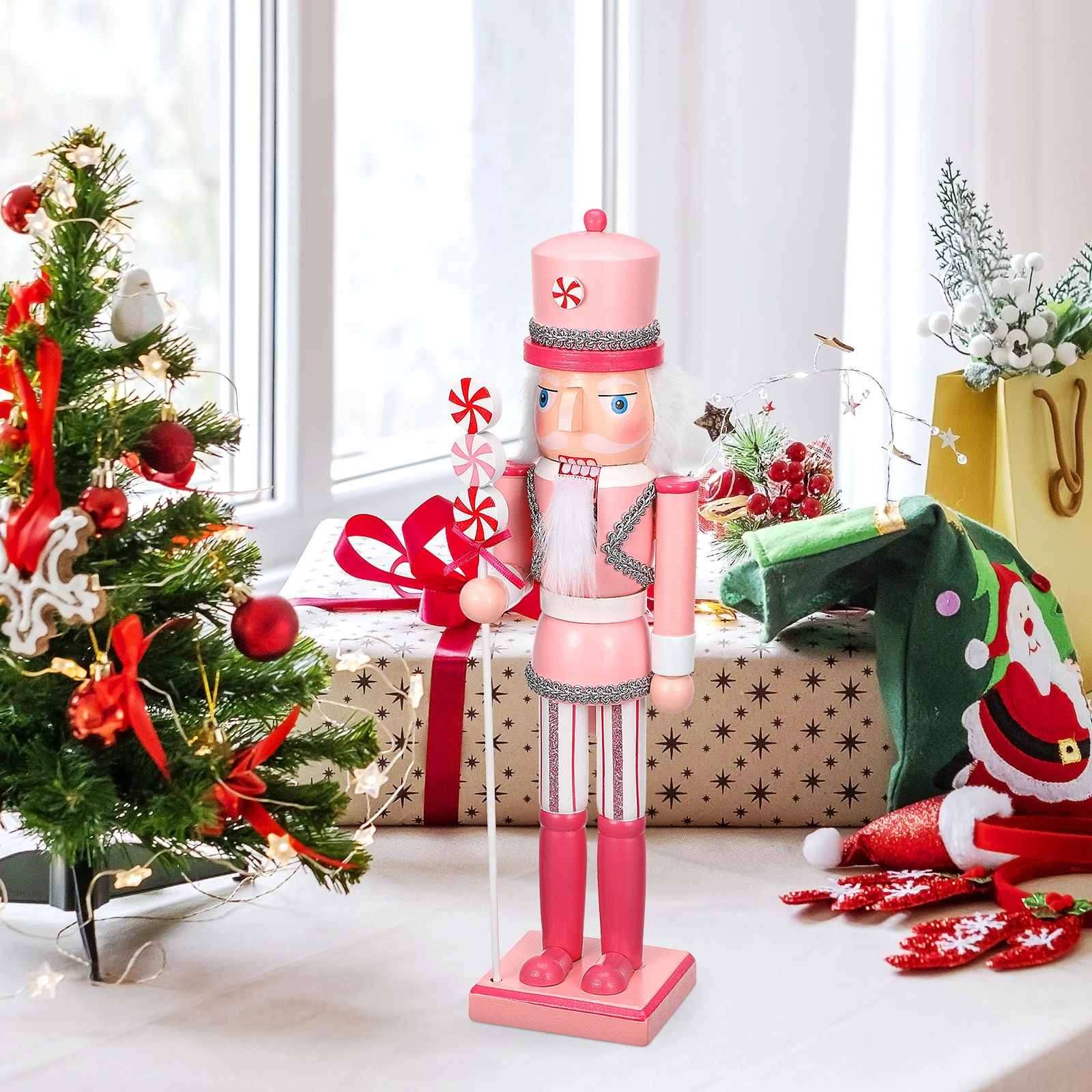 

Christmas Nutcracker Puppet Peppermint Wooden Nutcracker Soldier Ornament Christmas Decoration Figures for Home Fireplace 38cm