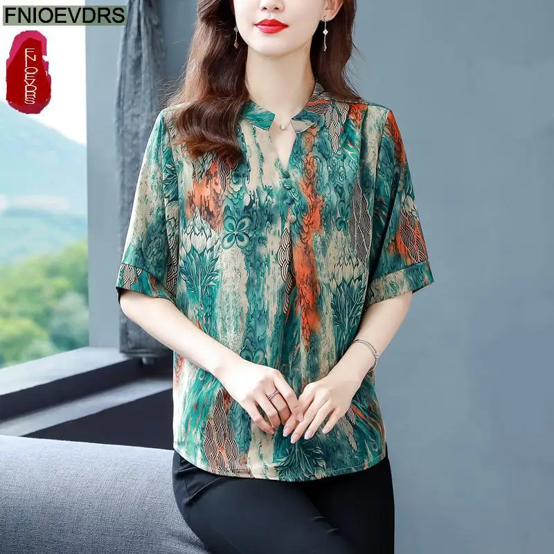 L-4XL Loose Clothes Women 2023 Summer Elegant Office Lady European Style Shirts Casual Retro Vintage Floral Print Tops Blouses