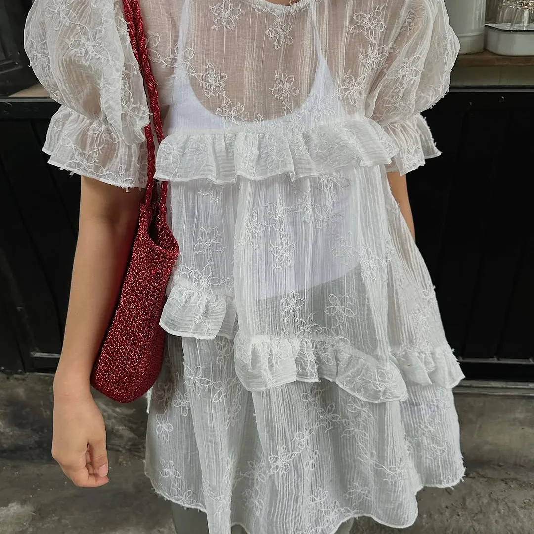 

Nimo Home Korean Style Embroidered Bubble Sleeve Top Semi-Transparent Loose Fit Summer Polyester Fiber Women's Shirt