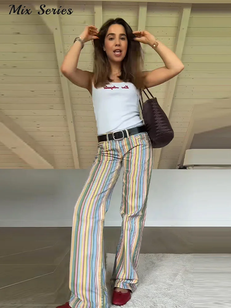 Fashion Color Block Rainbow Stripe Jeans Women's Low Rise Wide Leg Zippers Pant… - Image 2
